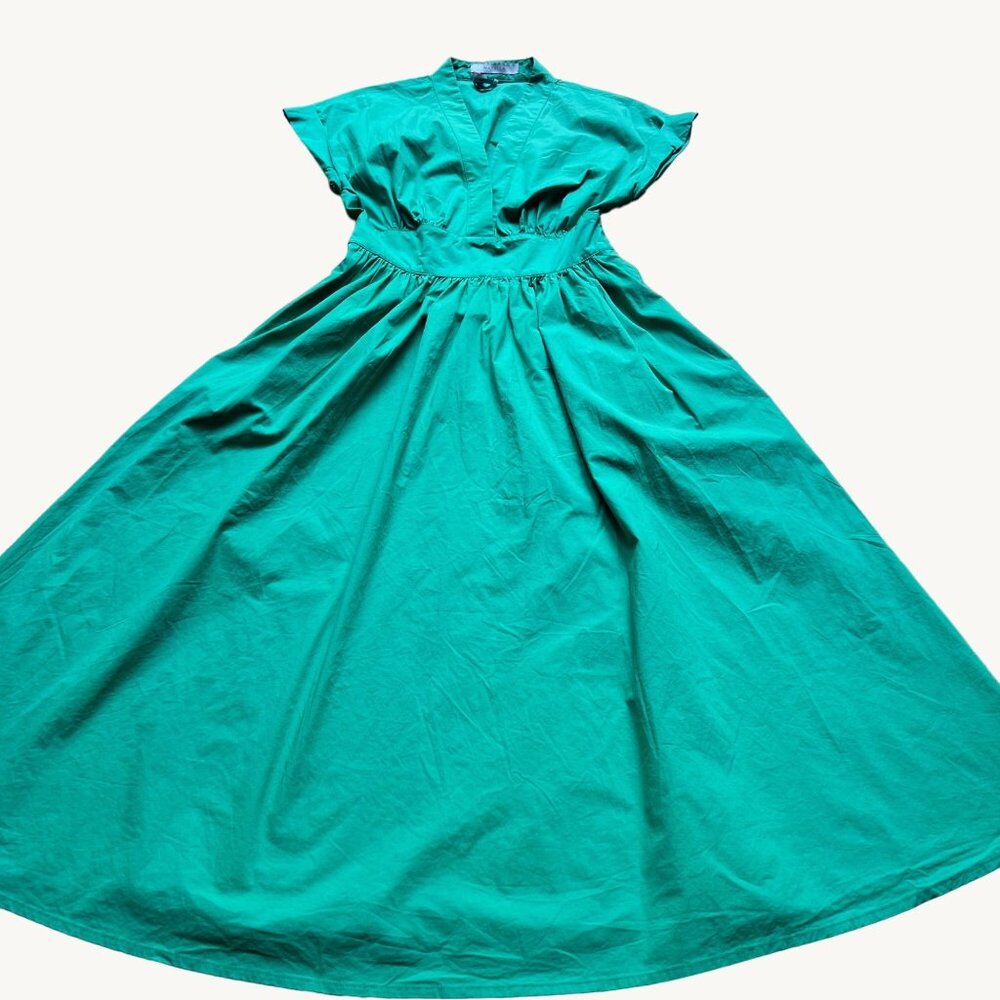 Marella Size 2 Emerald Green Bobbio Cotton Ruched Cap Sleeve A-Line Midi Dress - Picture 2 of 16